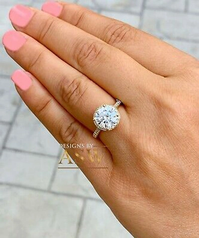 Pre-owned Asw 14k Yellow Gold Round Moissanite And Natural Diamond Engagement Ring 3.30ctw