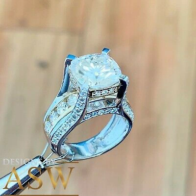 Pre-owned Asw 14k White Gold Cushion Moissanite And Natural Diamond Engagement Ring 6.50ct