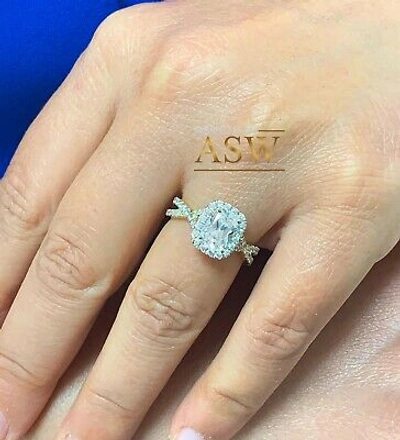 Pre-owned Asw 14k Yellow Gold Cushion Moissanite And Diamond Engagement Ring Bridal Halo 2.40 In White