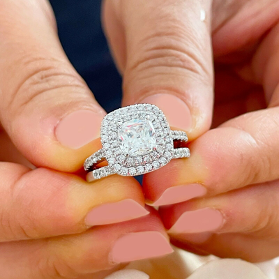 Pre-owned Knr Gia Certified 14k Solid White Gold Cushion Cut Diamond Engagement Ring Halo 1.80