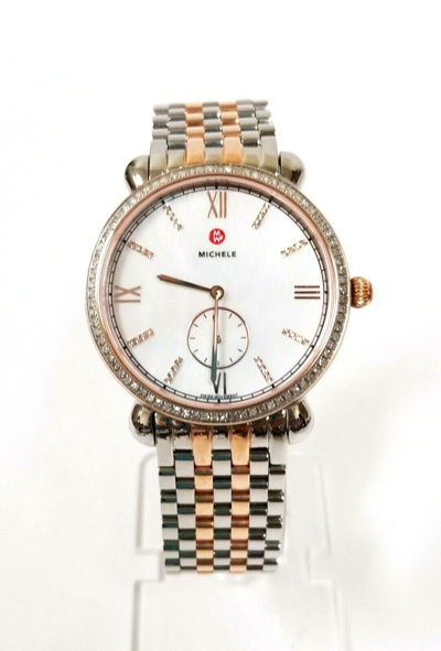 Pre-owned Michele Gracile Rose Gold+silver 2 Tone,mop,diamonds Watch Mww26a000005