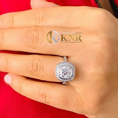 Pre-owned Knr Inc 14k White Gold Cushion Moissanite And Natural Diamond Engagement Ring Bezel 3.00