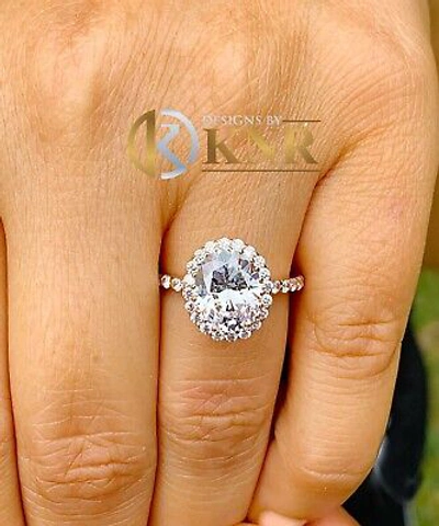 Pre-owned Knr 14k Solid Rose Gold Oval Moissanite And Natural Diamonds Engagement Ring 3.70ct In White