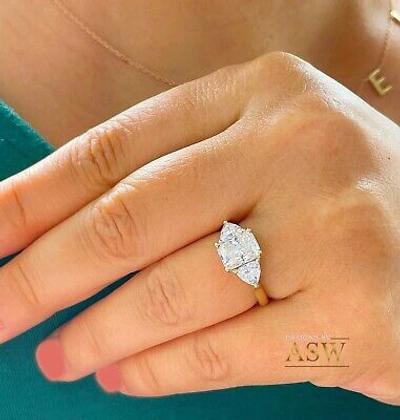 Pre-owned Asw 14k Yellow Gold Radiant And Trillion Cut Moissanite Engagement Ring Bridal 3.30