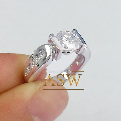 Pre-owned Asw 14k White Gold Round Cut Moissanite And Diamond Engagement Ring Tension 1.50ctw