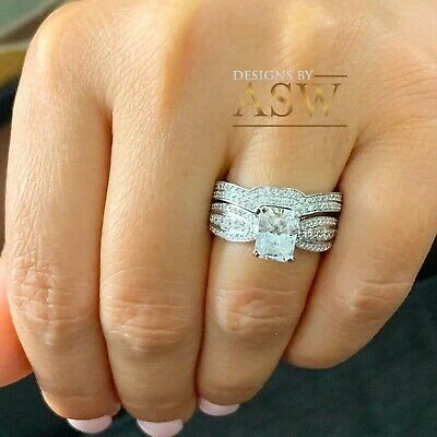 Pre-owned Asw 14k White Gold Radiant Moissanite And Diamond Engagement Ring And Bands 3.30ctw