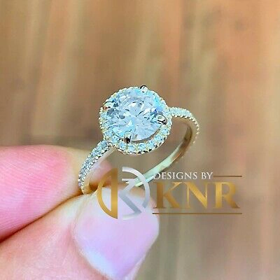 Pre-owned Knr 14k Yellow Gold Round Moissanite And Natural Diamond Engagement Ring Halo 1.70ct