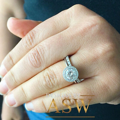 Pre-owned Asw 14k White Solid Gold Round Cut Moissanite And Diamond Engagement Ring Band 1.80