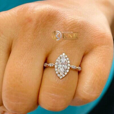 Pre-owned Knr 14k Rose Gold Marquise Moissanite And Natural Round Diamond Engagement Ring 1.35 In Pink