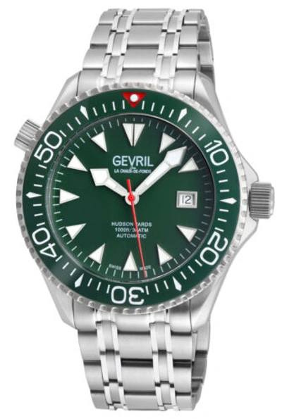Pre-owned Gevril Men 48806 Yorkville Diver Swiss Automatic Green Dial Rotating Bezel Watch