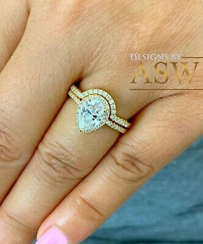 Pre-owned Asw 14k Yellow Gold Pear Forever Moissanite Diamond Engagement Ring And Band 2.00ct
