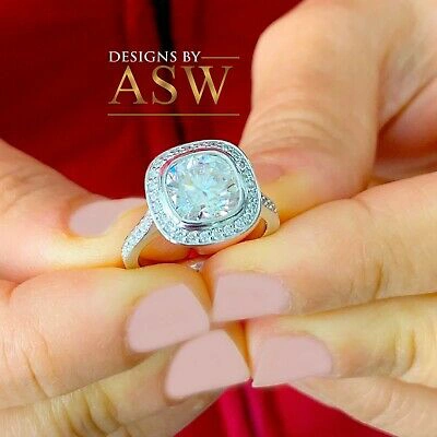 Pre-owned Asw 14k White Gold Cushion Moissanite And Natural Diamond Engagement Ring Bezel 3.00