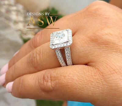 Pre-owned Asw 14k White Gold Princess Cut Moissanite And Round Diamonds Engagement Ring 3.70ct