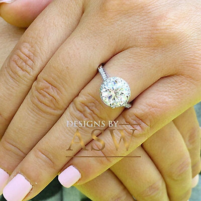Pre-owned Asw Large 14k White Gold Round Cut Moissanite Diamond Engagement Ring Halo 3.50ctw