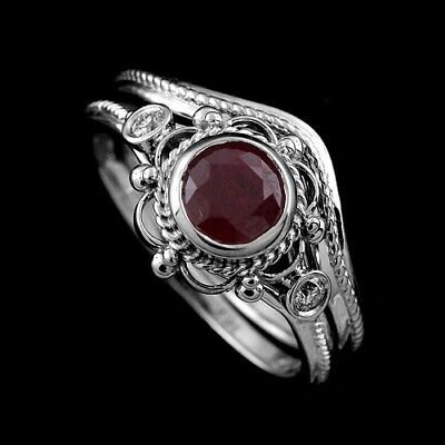 Pre-owned Ppluxury Victorian Style Reproduction Diamond Round Ruby Engagement Ring 14k White Gold