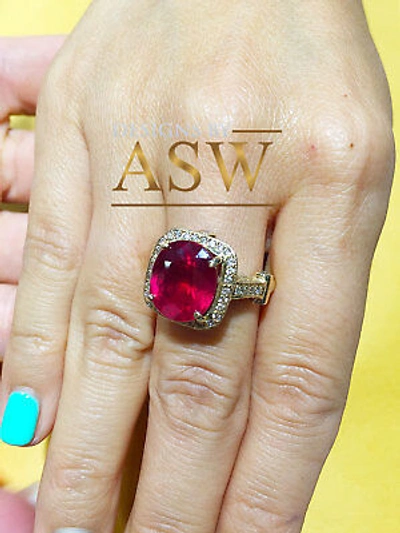 Pre-owned Antique 14k Yellow Gold Cushion Cut Ruby And Diamond  Design Halo Deco Ring 10.0 In Red