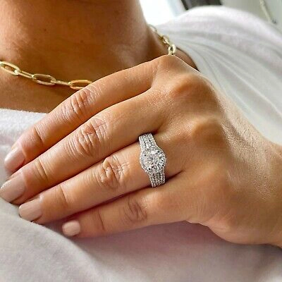 Pre-owned Asw 14k White Gold Round Moissanite And Diamond Engagement Ring Halo Bridal 2.40ctw