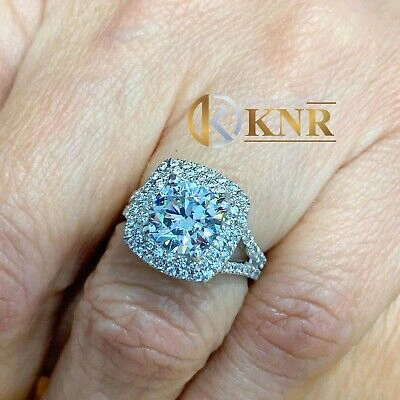 Pre-owned Knr Inc 14k White Gold Round Moissanite And Natural Diamond Engagement Ring Halo 3.00ctw