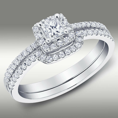 Pre-owned Arista Jewels Halo Princess Cut .81ct Diamond Bridal Engagement Ring Set H/si2 14k White Gold In White/colorless