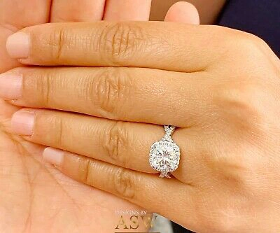 Pre-owned Asw 14k Solid White Gold Cushion Moissanite And Natural Diamond Engagement Ring 2.65