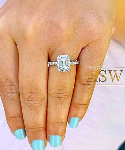 Pre-owned Asw 14k White Gold Emerald Moissanite And Natural Diamond Engagement Ring 2.90ct