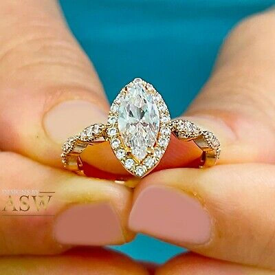 Pre-owned Asw 14k Solid Rose Gold Marquise Moissanite And Natural Diamond Engagement Ring 1.35 In Pink