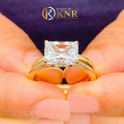 Pre-owned Knr Inc 14k Yellow Gold Radiant Moissanite Engagement Ring And Band Solitaire 3.50ct