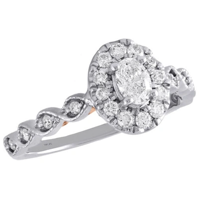 Pre-owned Jfl Diamonds & Timepieces 14k Two Tone Gold Oval Solitaire Diamond Halo Designer Engagement Ring 0.75 Ct. In White