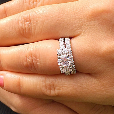 Pre-owned Asw 14k White Gold Round Cut Moissanite Diamond Engagement Ring And Band 2.20ctw