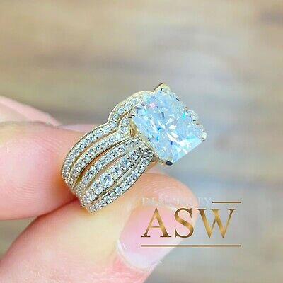 Pre-owned Asw 14k Yellow Gold Radiant Moissanite And Diamond Engagement Ring And Bands 3.30ctw