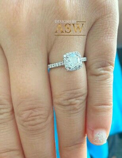 Pre-owned Asw 14k White Solid Gold Cushion Cut Moissanite Diamond Engagement Halo Ring 1.80ctw