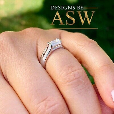Pre-owned Asw 14k Solid White Gold Emerald Cut Moissanite Tension Engagement Ring 1.00ct