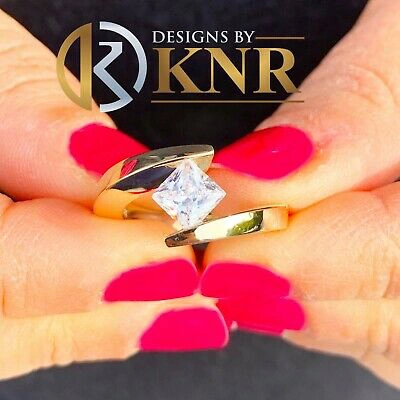 Pre-owned Knr 14k Yellow Gold Princess Moissanite Engagement Ring Tension Wedding Bridal 1.00