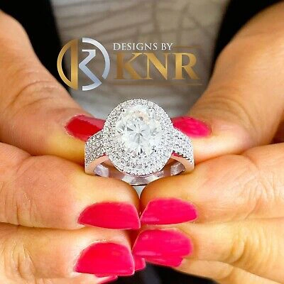 Pre-owned Knr Inc 14k White Gold Oval Moissanite And Natural Diamonds Engagement Ring Halo 2.65ctw