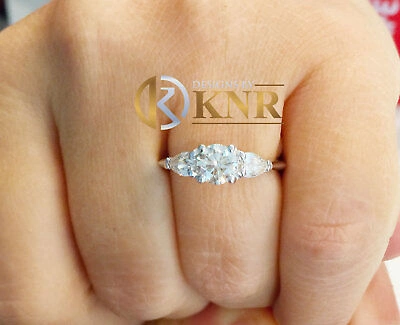 Pre-owned Knr 14k White Gold Round And Pear Cut Diamond Engagement Ring Bridal Natural 1.20ctw