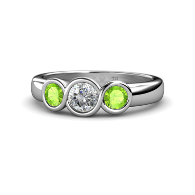 Pre-owned Trijewels Diamond And Peridot 3 Stone Engagement Ring 1.13 Ctw In 14k Gold Jp:108449