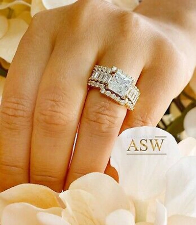 Pre-owned Asw 14k Solid Yellow Gold Princess Cut Moissanites Engagement Ring Two Bands 4.80ctw