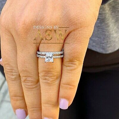 Pre-owned Asw 14k White Gold Princess Moissanite And Natural Diamond Engagement Ring Band 2.00