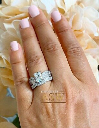 Pre-owned Asw 14k Solid White Gold Radiant And Round Cut Engagement Ring And Bands 4.00ctw