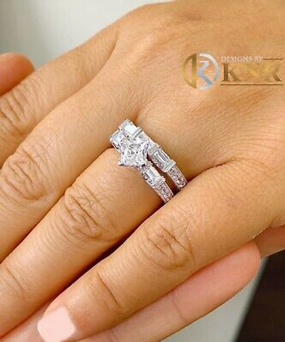 Pre-owned Knr 14k White Gold Princess Forever Moissanite Engagement Ring And Band Bridal 2.50