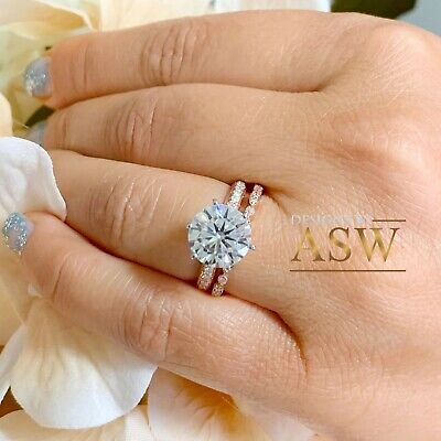 Pre-owned Asw 14k Solid Rose Gold Round Moissanite And Natural Diamond Engagement Rings 4.50ct In Pink