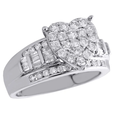 Pre-owned Jfl Diamonds & Timepieces 10k White Gold Round & Baguette Diamond Heart Cluster Engagement Ring 1 Ct.