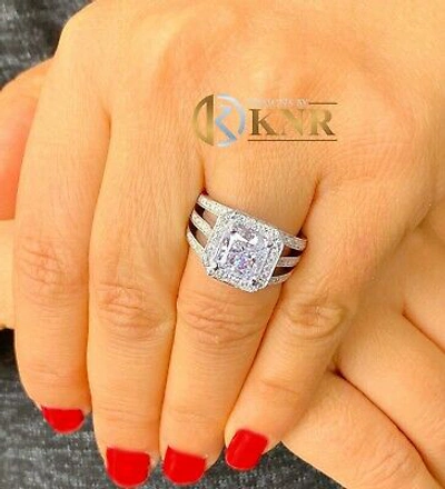 Pre-owned Knr 14k White Gold Princess Moissanite And Natural Diamond Engagement Ring 3.80c