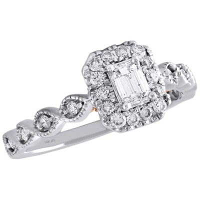 Pre-owned Jfl Diamonds & Timepieces 14k Two Tone Gold Emerald Solitaire Diamond Halo Designer Engagement Ring 3/4 Ct In White
