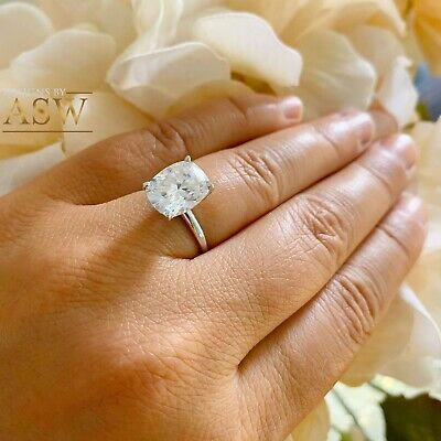 Pre-owned Asw 14k Solid White Gold Cushion Moissanite Engagement Ring Solitaire 4.00ctw