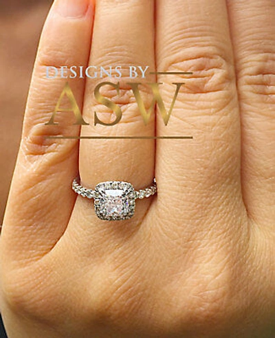 Pre-owned Asw 14k White Solid Gold Cushion Cut Moissanite Diamond Engagement Halo Ring 1.80ct