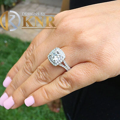 Pre-owned Knr Inc Women's 14k White Gold Cushion Cut Moissanite Diamond Engagement Ring Halo 2.10