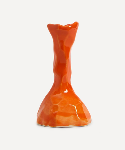 Pottery & Poetry Low Porcelain Candleholder In Orange
