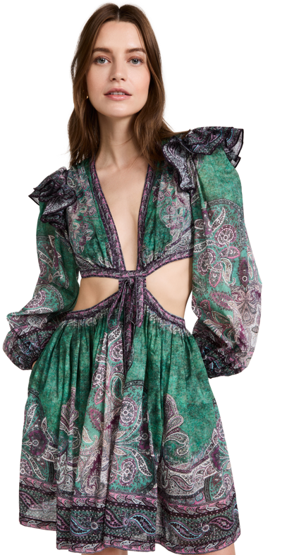 Zimmermann Anneke Cutout Ruffled Paisley-print Cotton-voile Mini Dress In Teal Paisley