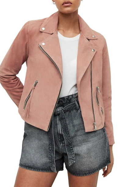 Allsaints Dalby Suede Biker Jacket In Rose Pink